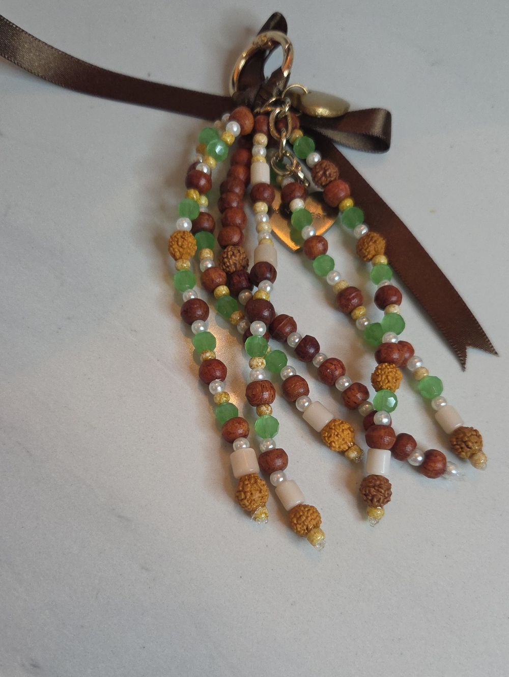 Handcrafted Green and Brown Beaded Tassel Bag Charm